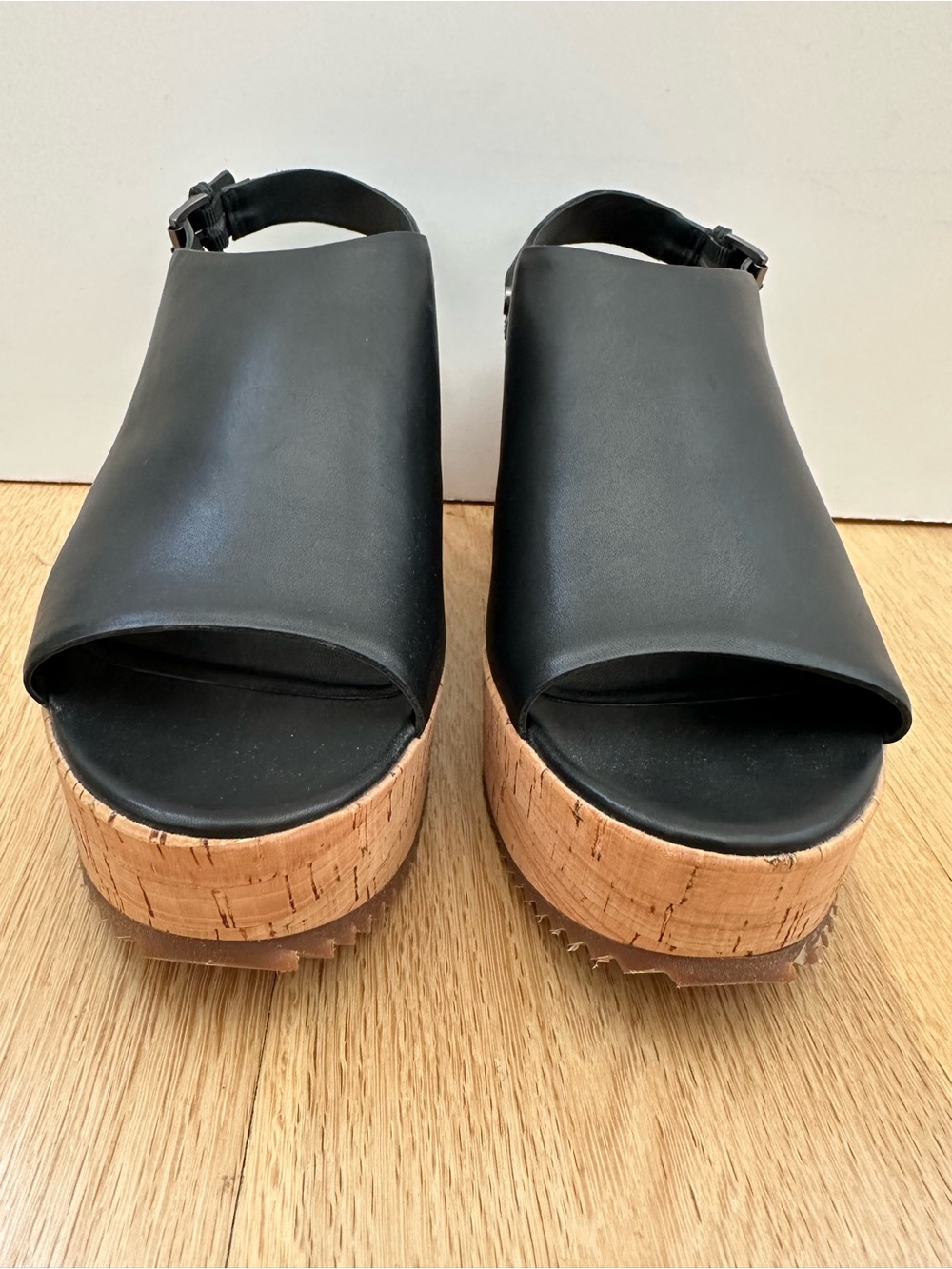 Eileen Fisher - Black Leather / Cork Platform Wedge Sandals - 7 1/2 - Picture 2 of 15